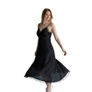 Vintage Slip Dress Size M Black Lace Trim Y2K Lingerie Slip Sexy V Neck Babydoll